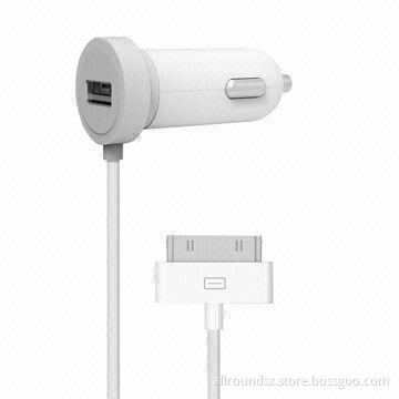 Car Charger with iPhone Connector and USB Port, Sized 26.3 x 26.3 x 60.3mm